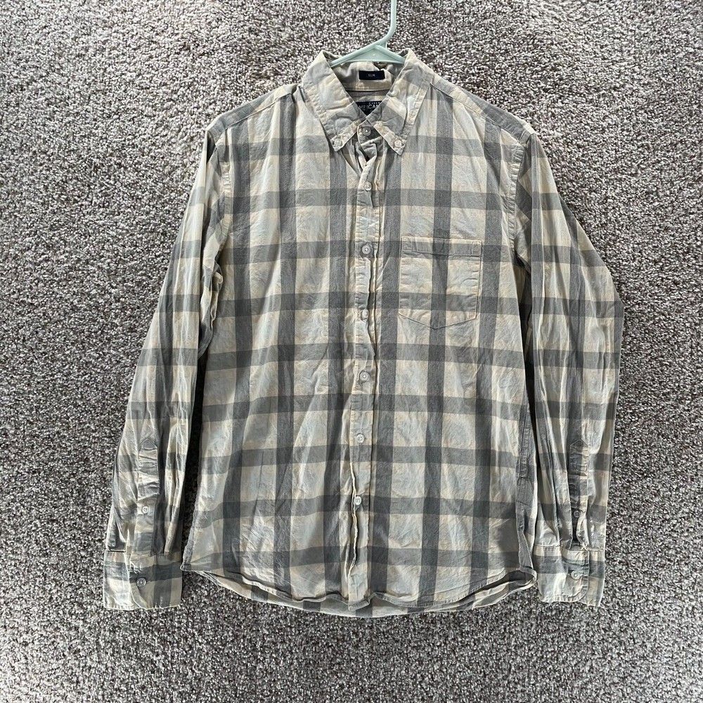 J Crew Shirt Adult Medium Beige Grey Plaid Slim‎ Fit Button Up Mercantile Flex
